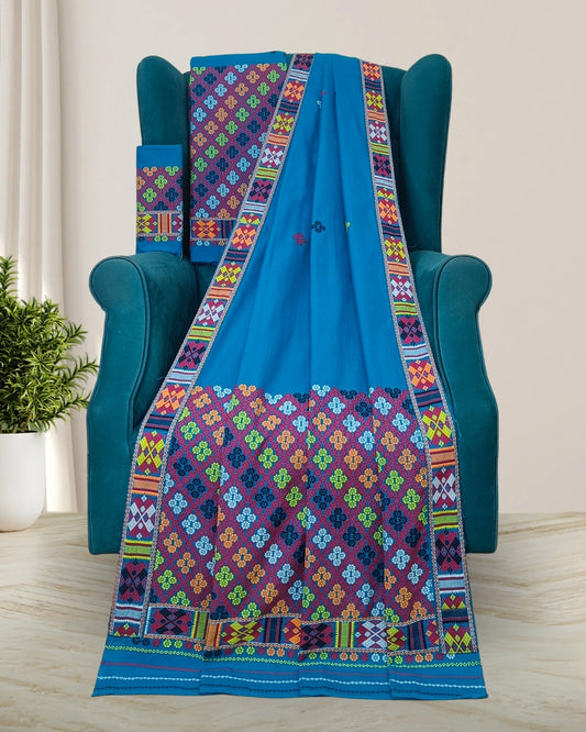 Sky blue padmini cotton Mising mekhela sador-DMC motifs