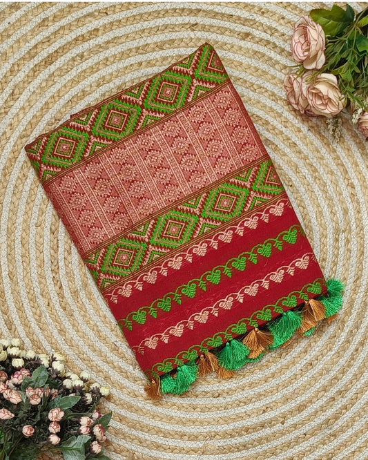Red pure cotton mekhela sador with designer motifs