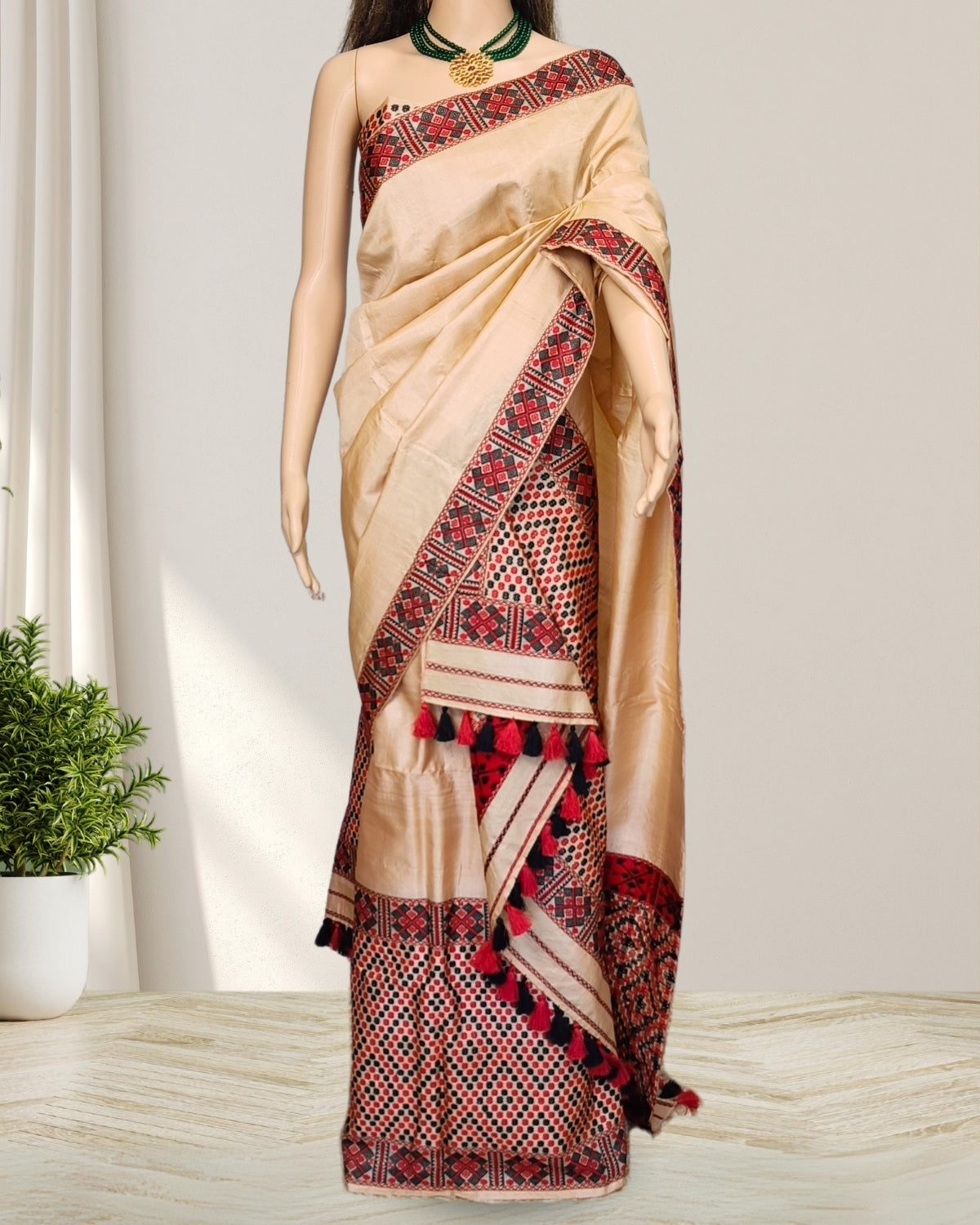Tussar silk mekhela chadar in Mising tribal design (Pre-order available)