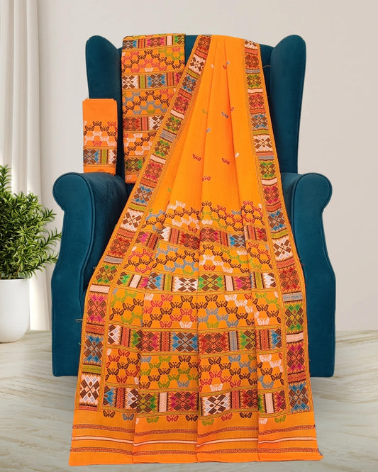 Orange padmini cotton Mising mekhela sador - DMC motifs