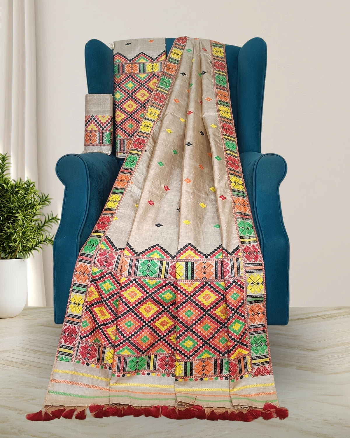 Pure Mising Tussar silk mekhela sador- DMC motifs