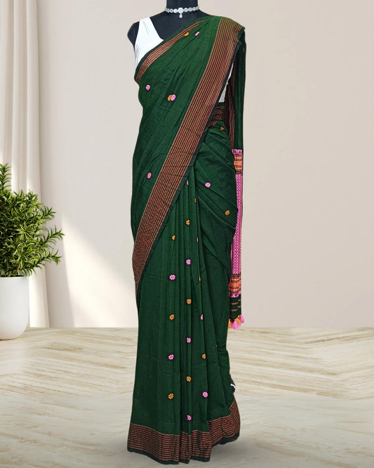Bottle green pure cotton saree with designer motifs
