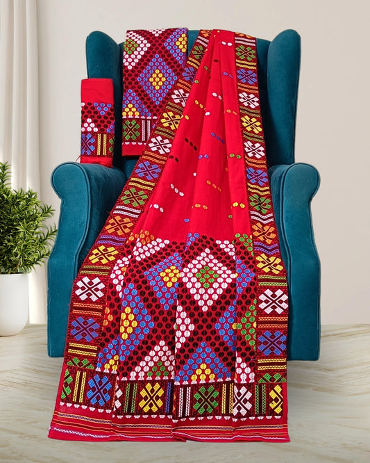 Red padmini cotton Mising mekhela chadar - DMC motif work