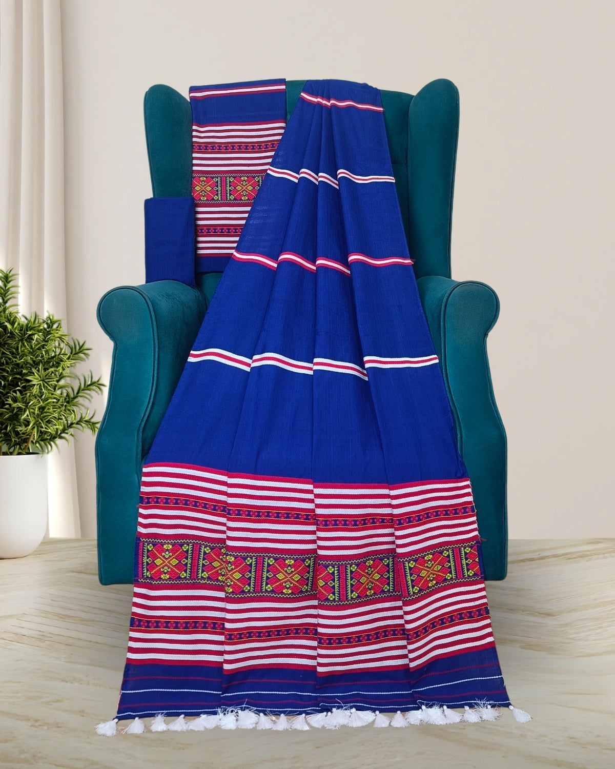 Ribi design Mising mekhela sador - Royal blue