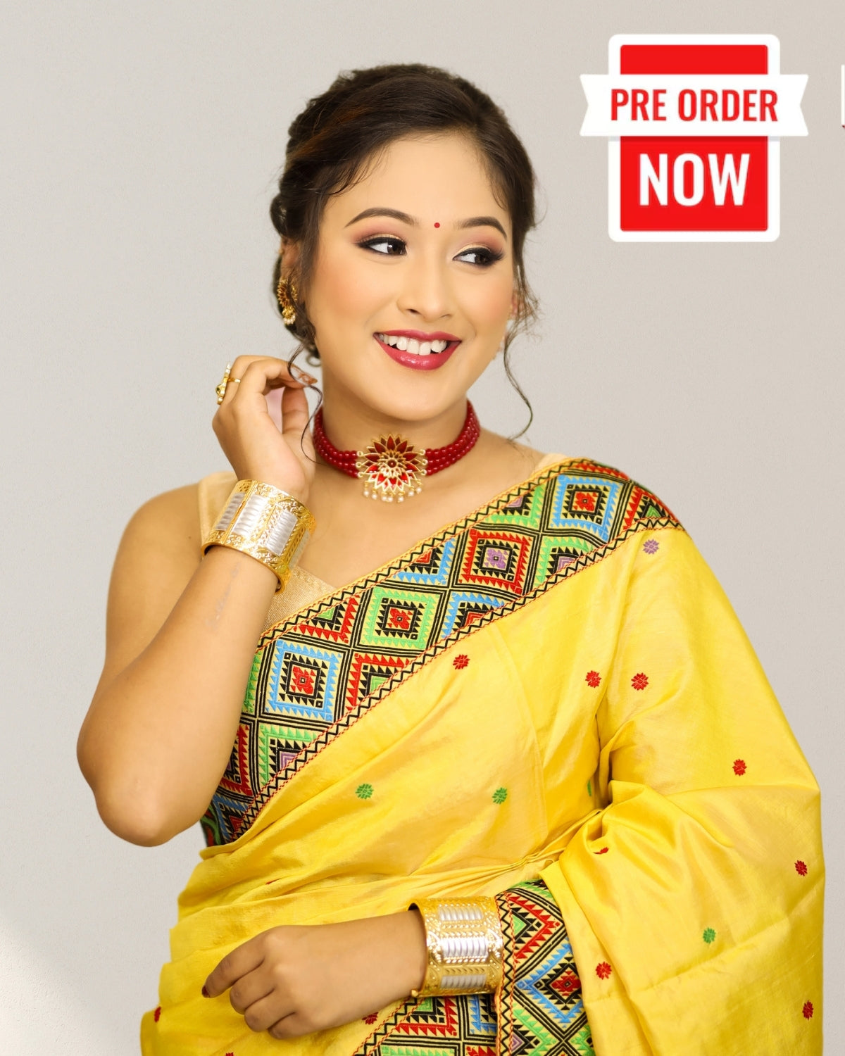 Golden yellow tussar silk by mulberry silk mekhela sador