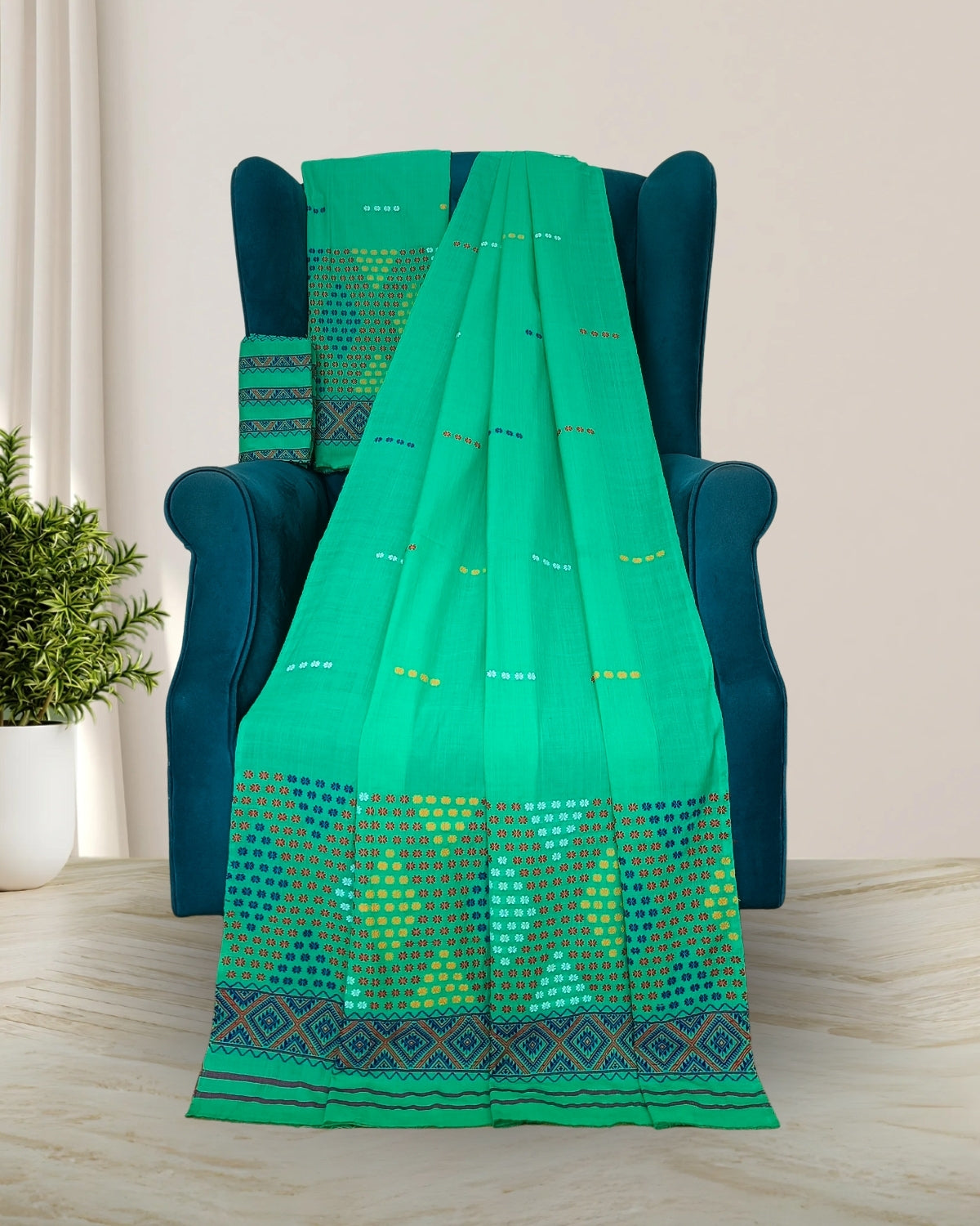 Padmini cotton Mising mekhela sador -Sea green