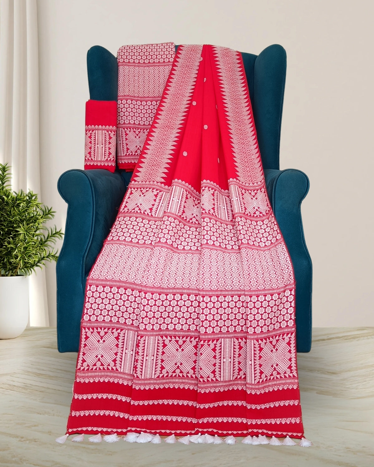 Red padmini cotton mekhela sador with designer motifs