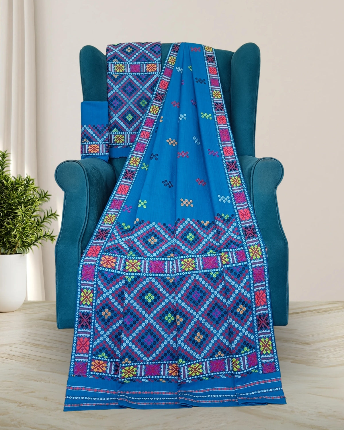 Sky blue padmini cotton Mising mekhela sador