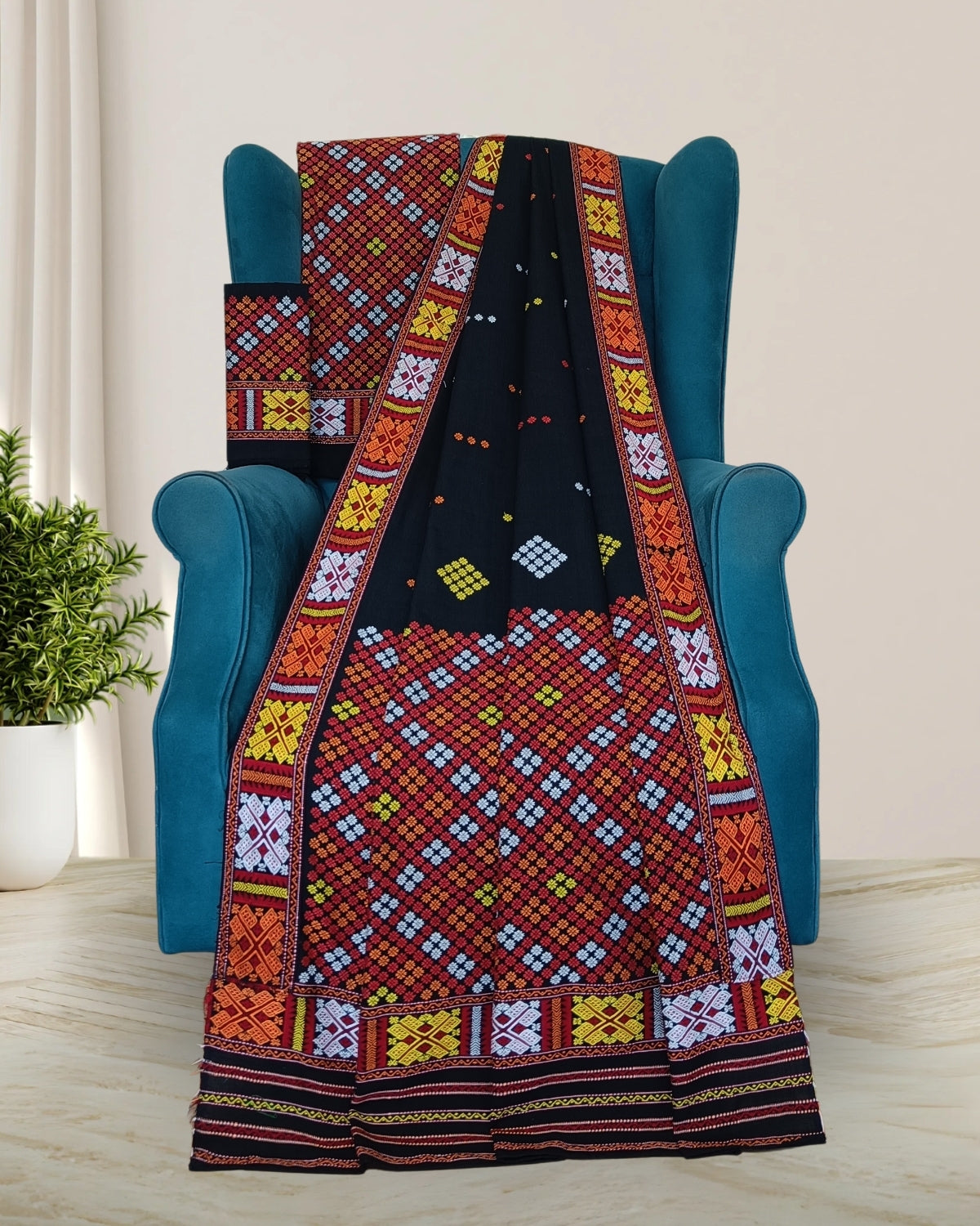 Black padmini cotton Mising mekhela sador - DMC motifs