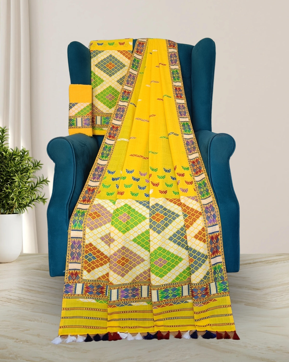 Yellow padmini cotton Mising mekhela sador- DMC motifs