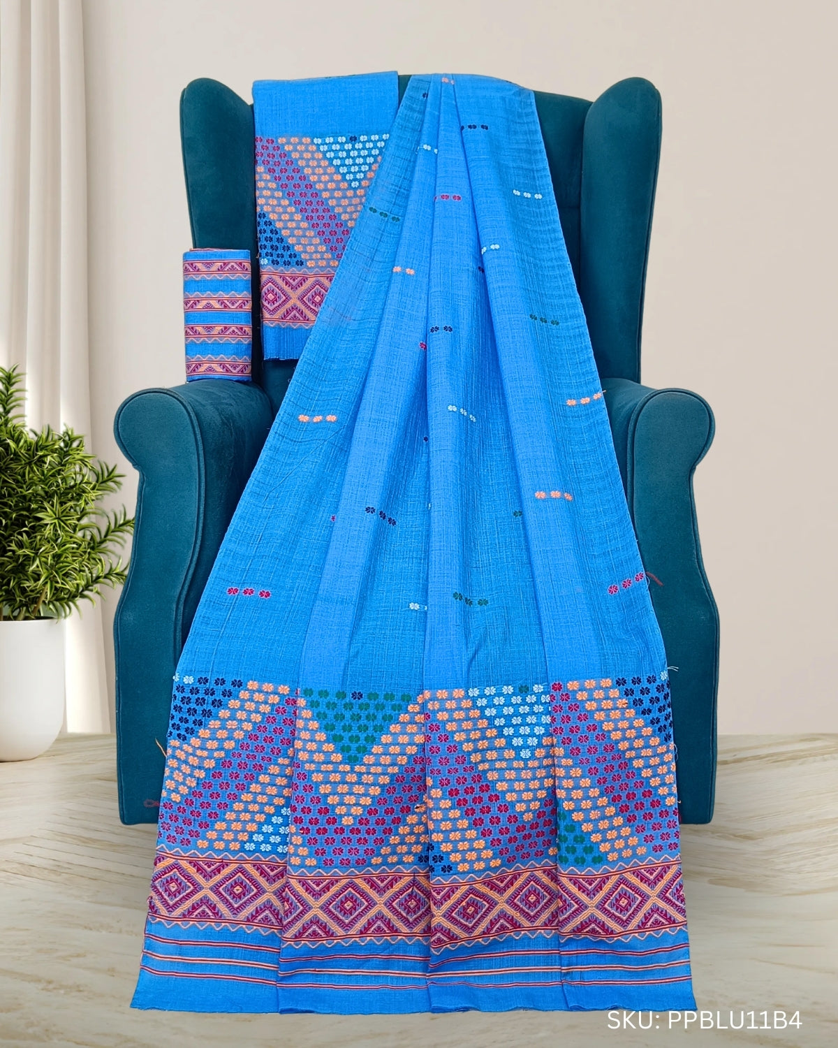 Padmini cotton Mising mekhela sador - Baby blue