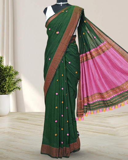 Bottle green pure cotton saree with designer motifs