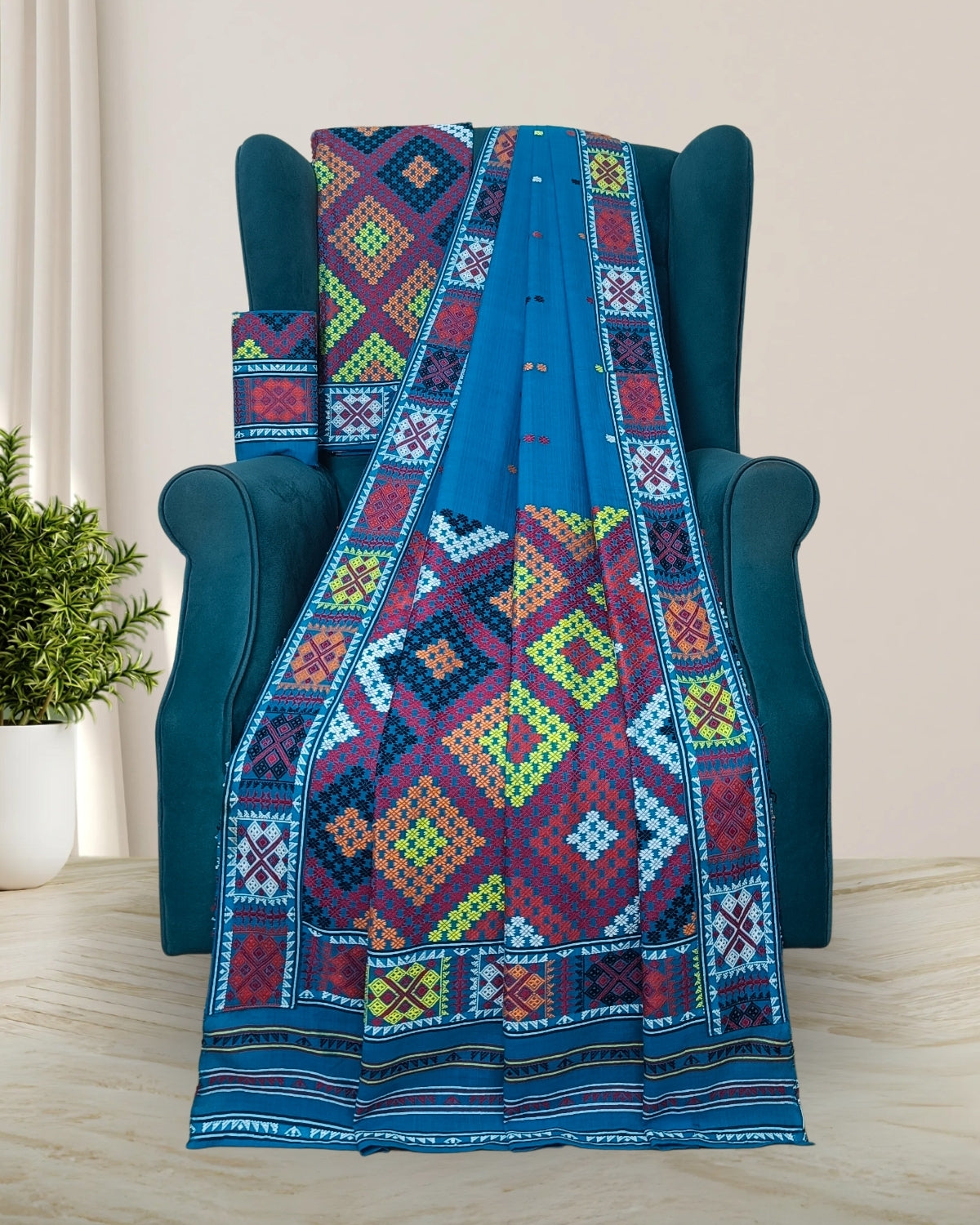 Sky blue padmini cotton Mising mekhela sador-DMC motifs