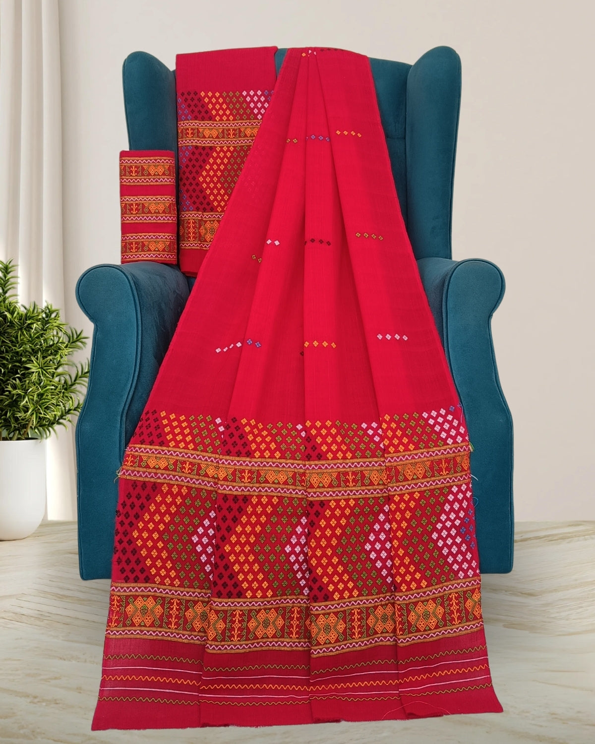 Padmini cotton Mising mekhela sador-Red