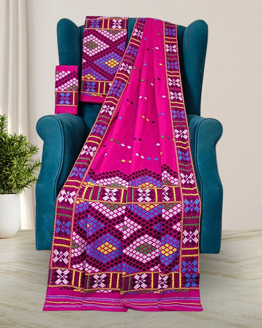 Rani pink padmini cotton Mising mekhela chadar - DMC motif work