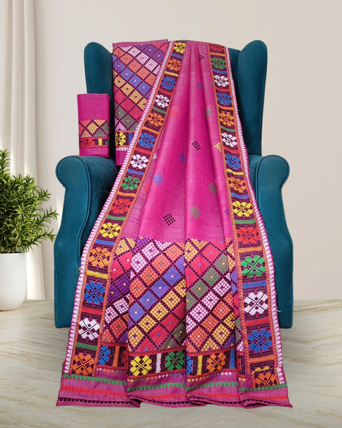 Pink semi nuni Mising mekhela sador- DMC motifs