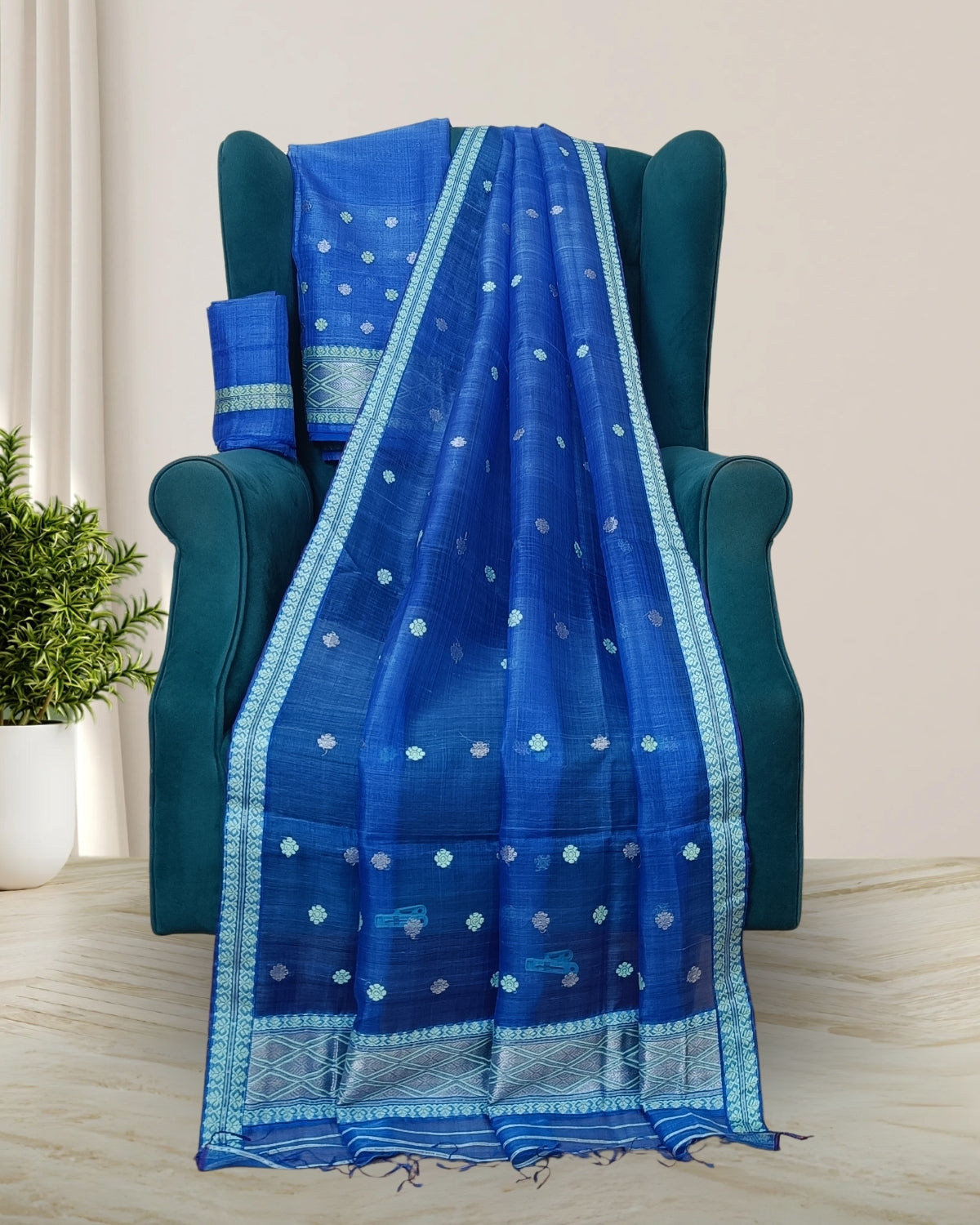 Dyed nuni cotton mekhela sador- Sapphire blue