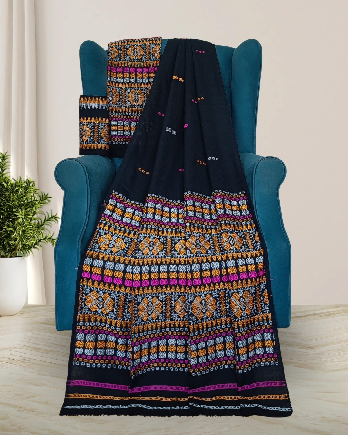 Black padmini cotton mekhela sador with designer motifs