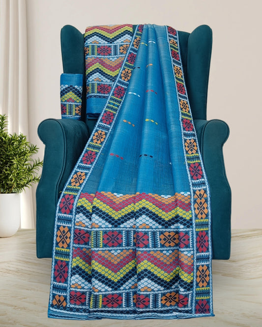 Sky blue semi nuni Mising mekhela sador - DMC motifs