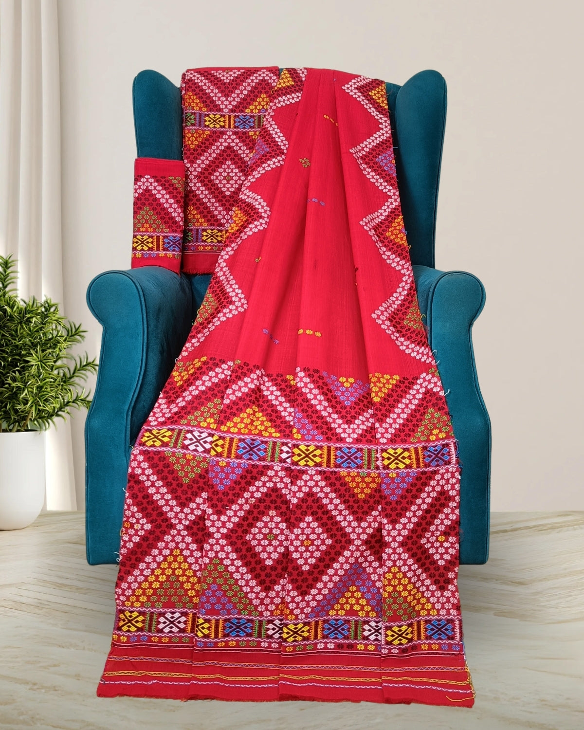 Red padmini cotton Mising mekhela sador - DMC motifs