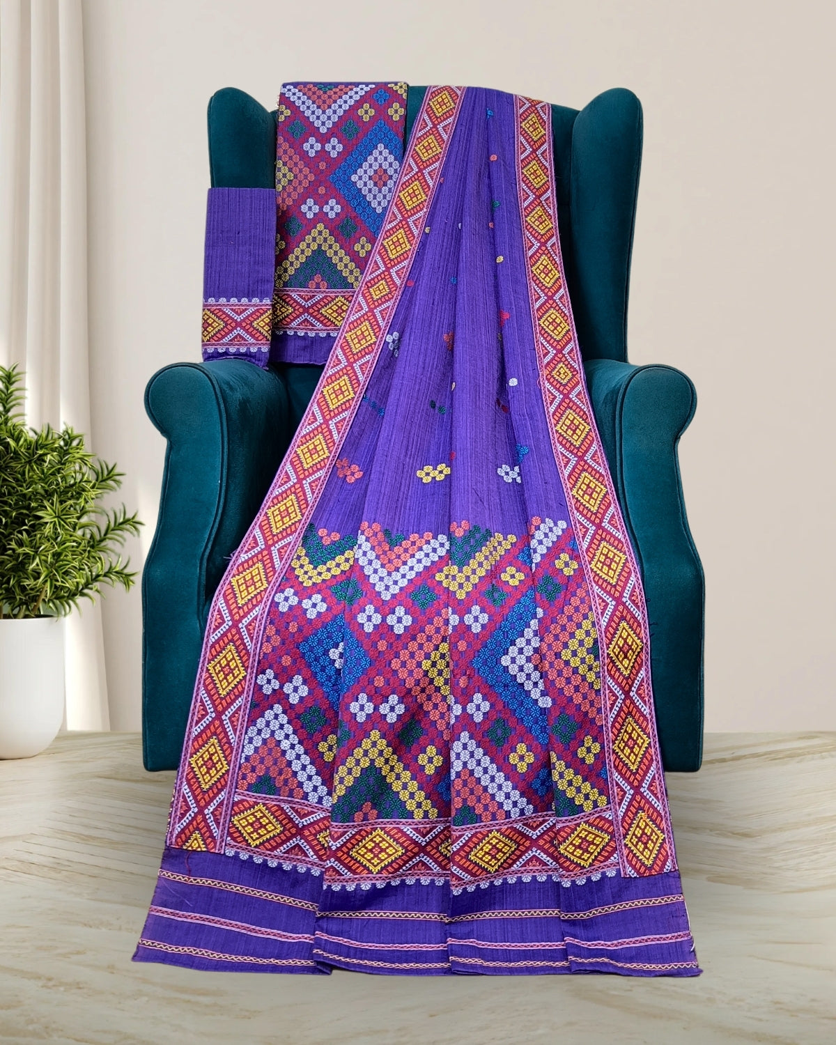 Purple padmini cotton Mising mekhela sador- DMC motifs