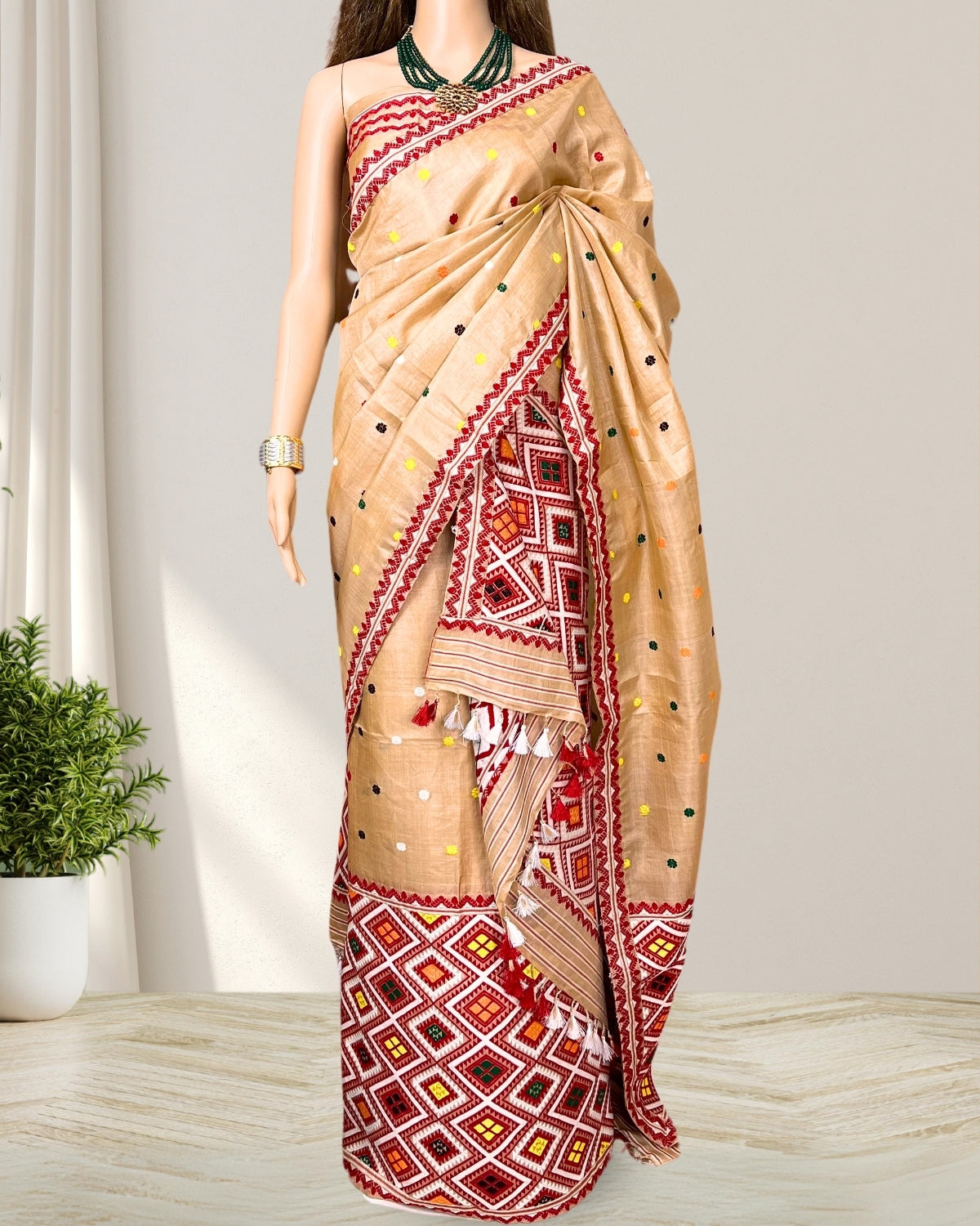 Tussar Silk Mekhela Chadar in Mising tribal design