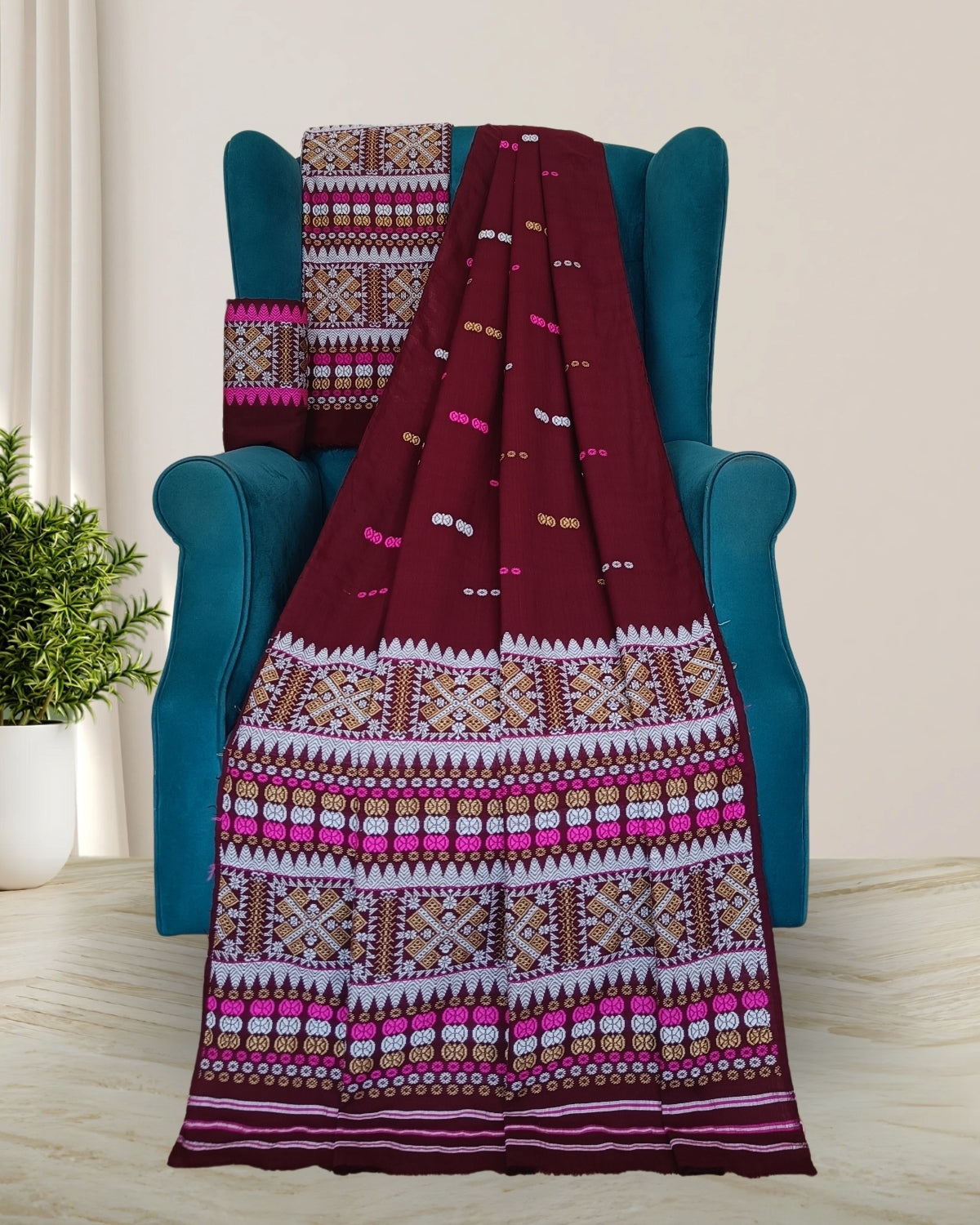 Brown padmini cotton mekhela sador with designer motifs