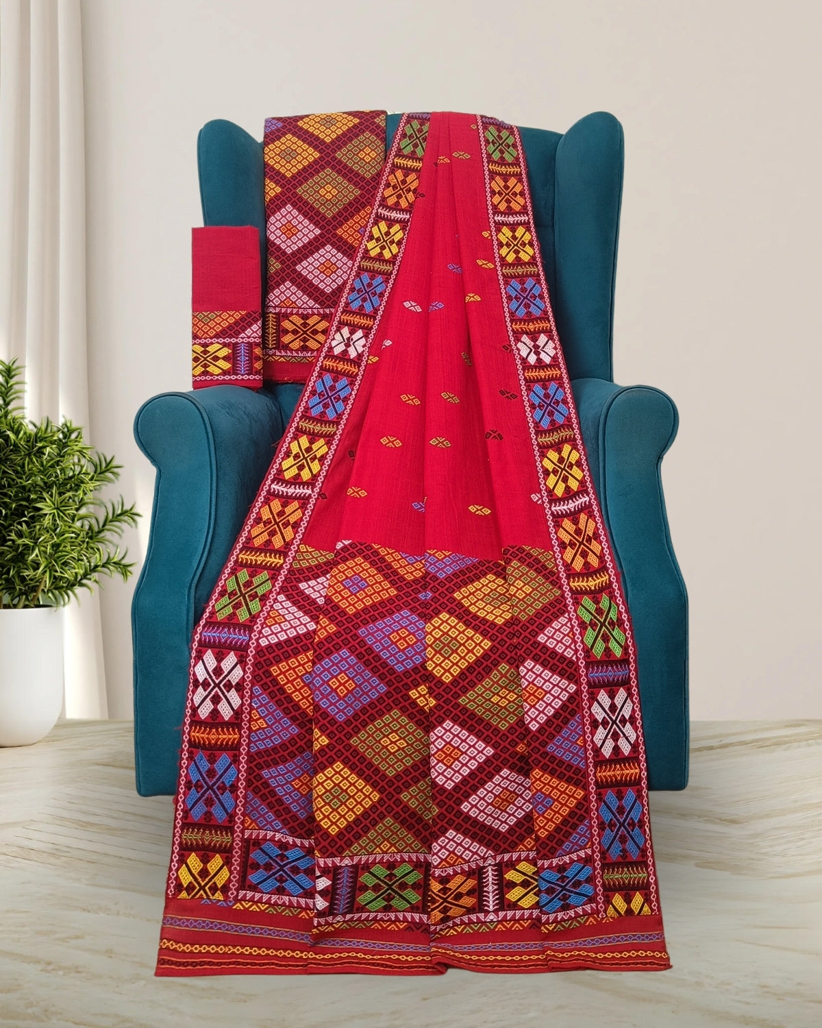 Red padmini cotton Mising mekhela sador- DMC motifs