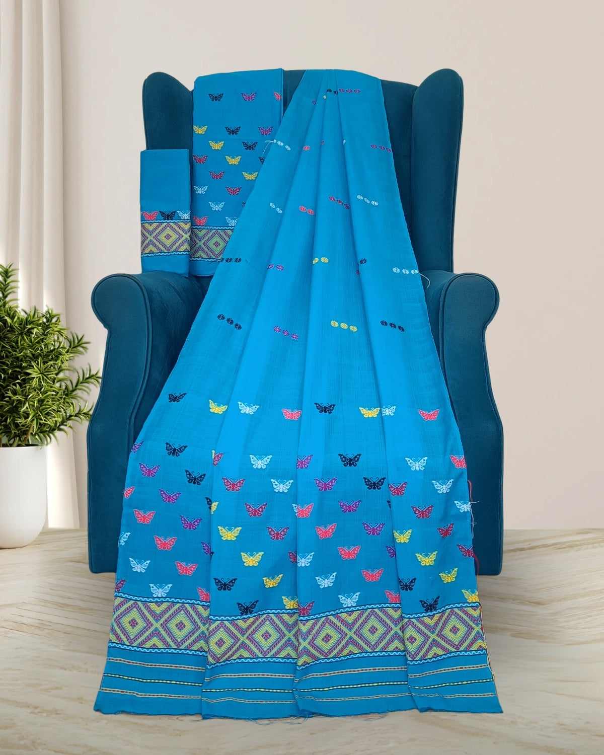 Padmini cotton Mising mekhela sador -Sky blue