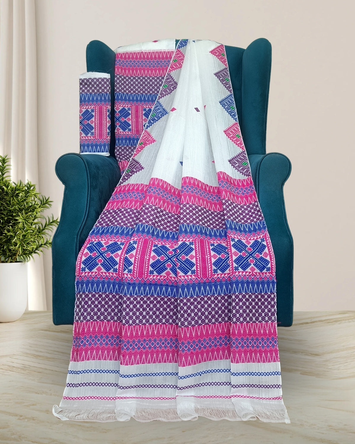 White semi nuni mekhela sador with designer motifs