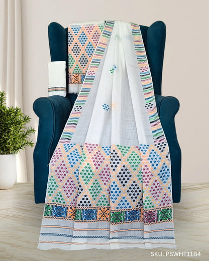 Fix pari design Mising mekhela sador - White