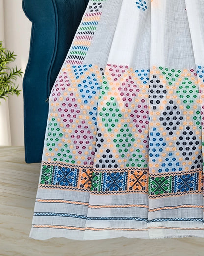 Fix pari design Mising mekhela sador - White