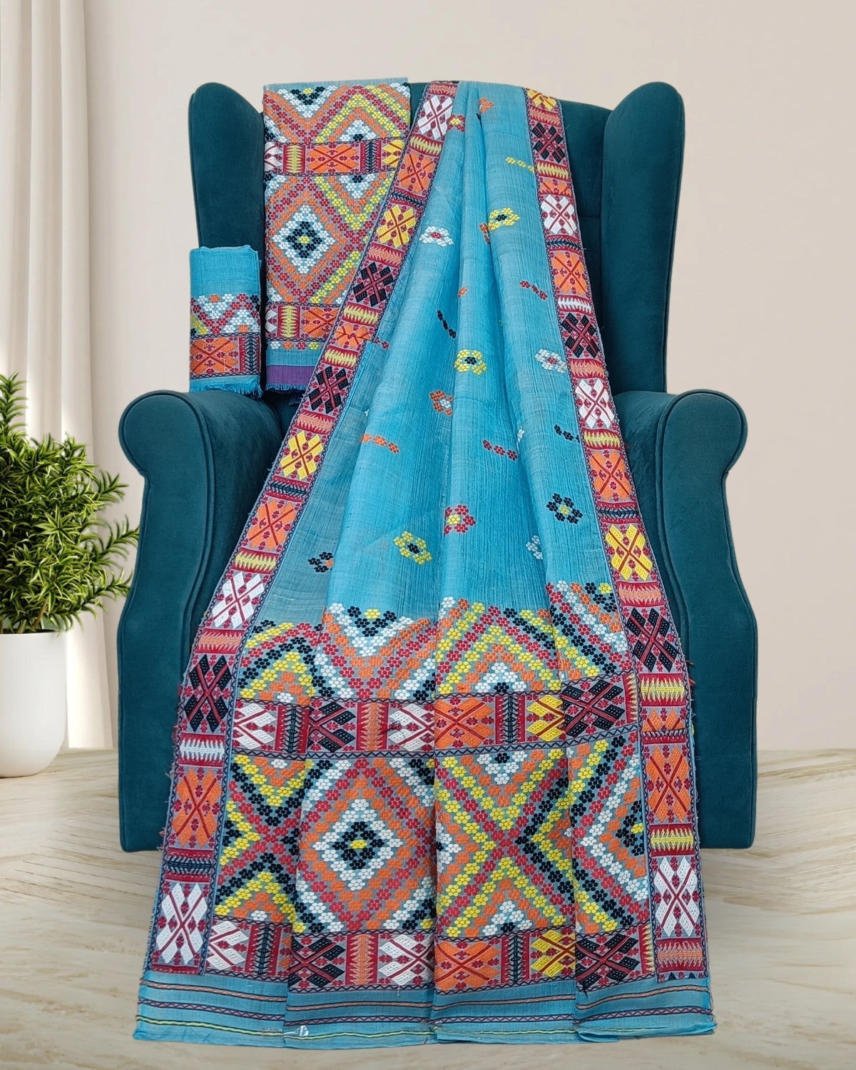 Sky blue semi nuni Mising mekhela sador - DMC motifs