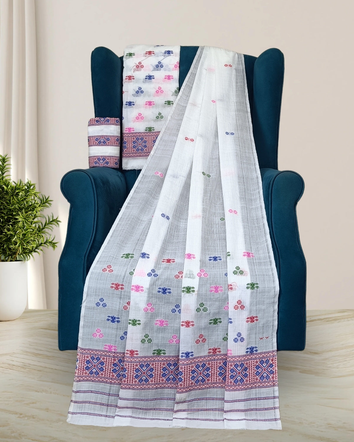 Padmini cotton Mising mekhela sador-White 