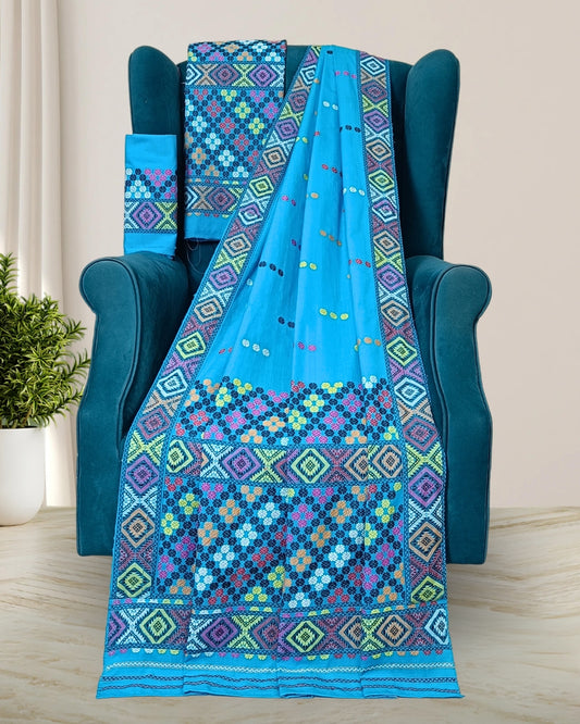 Sky blue padmini cotton Mising mekhela chadar - DMC motif work