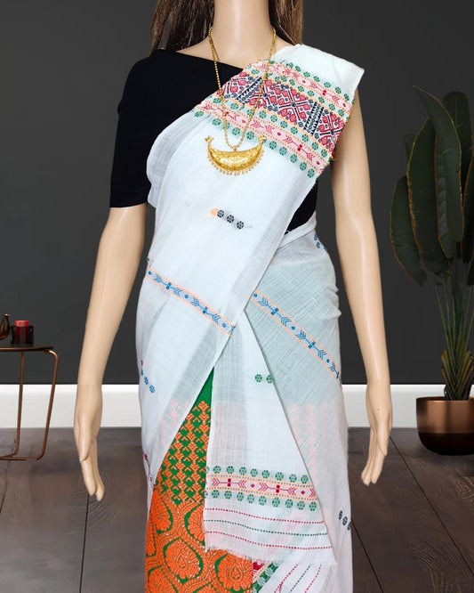 Gero design padmini cotton single sador - White