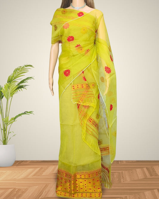 Dyed nuni mekhela sador - Lime green