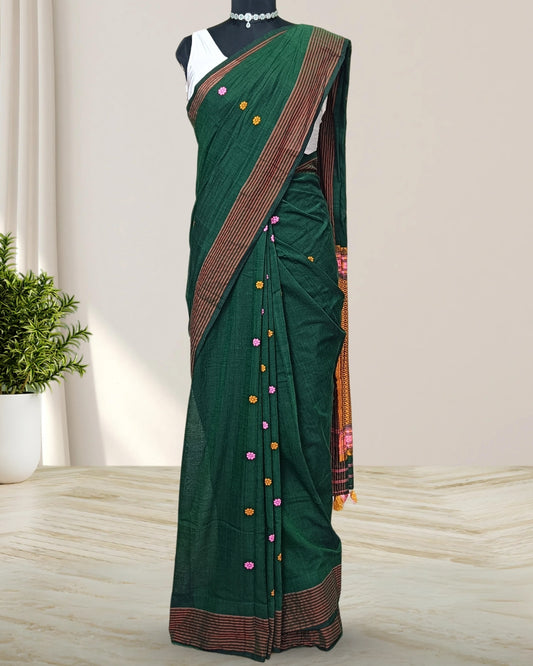 Bottle green pure cotton saree with designer motifs
