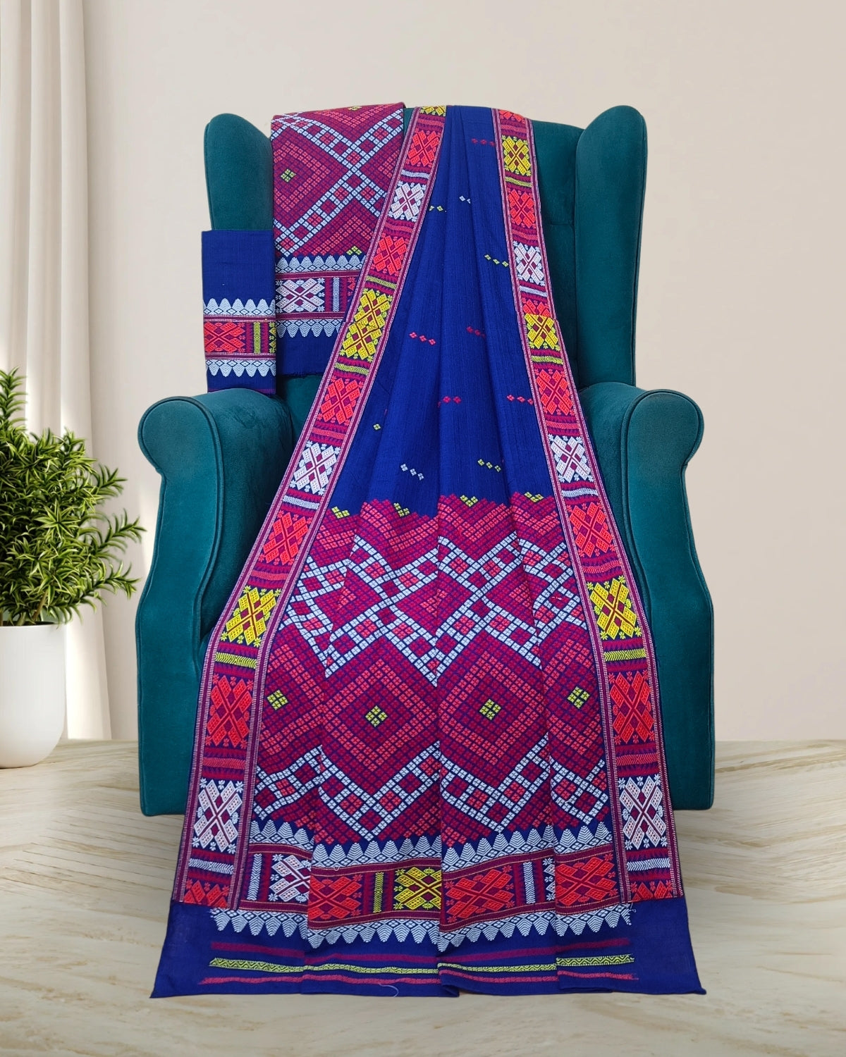 Royal blue padmini cotton Mising mekhela sador -DMC motifs