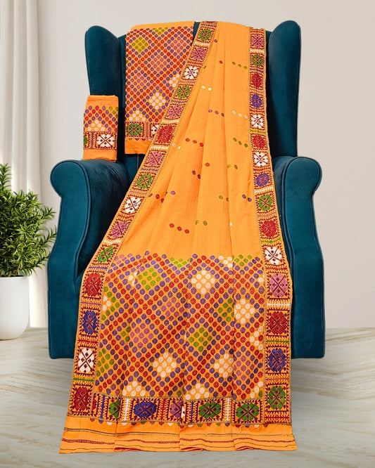 Orange padmini cotton Mising mekhela sador - DMC motif work
