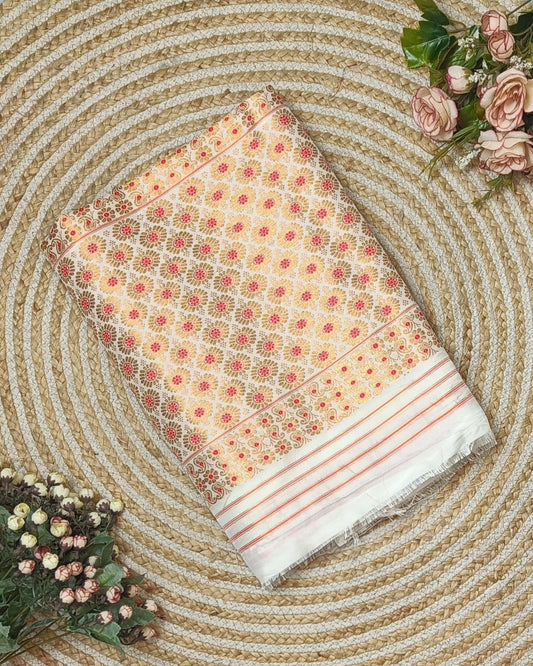 Semi paat mekhela sador - Pearl white