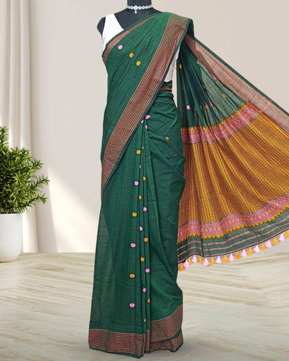 Bottle green pure cotton saree with designer motifs