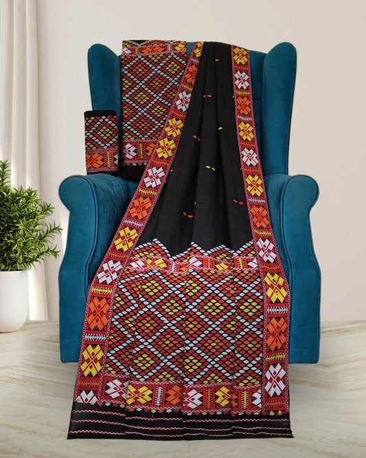 Black padmini coton Mising mekhela sador- DMC motif work