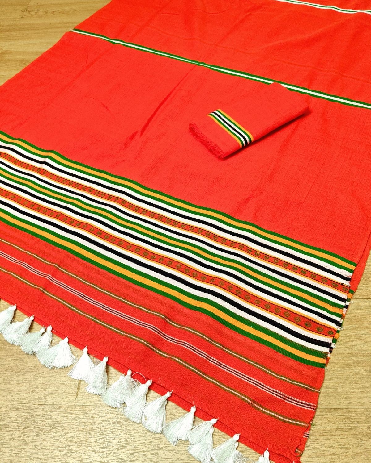 Ribi design Mising mekhela sador - Orange