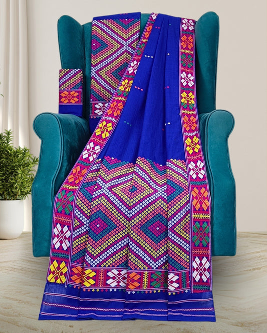 Blue padmini cotton Mising mekhela chadar - DMC motif work