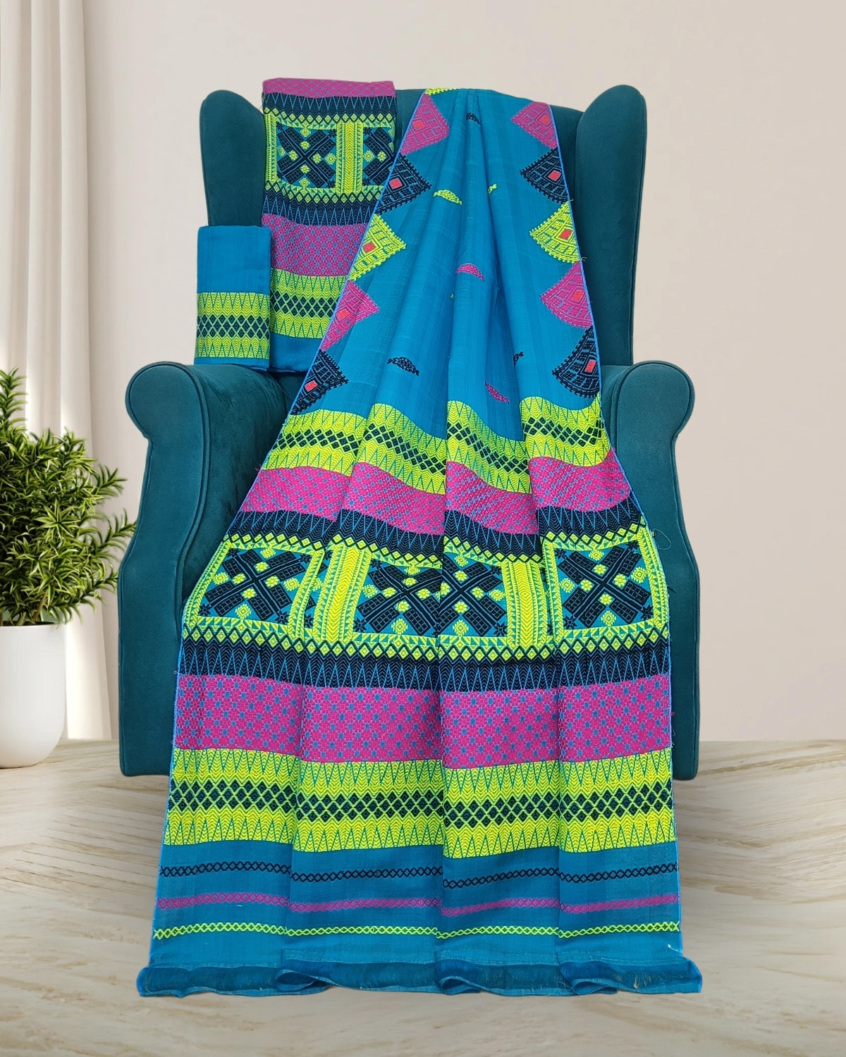 Blue semi nuni mekhela sador with designer motifs