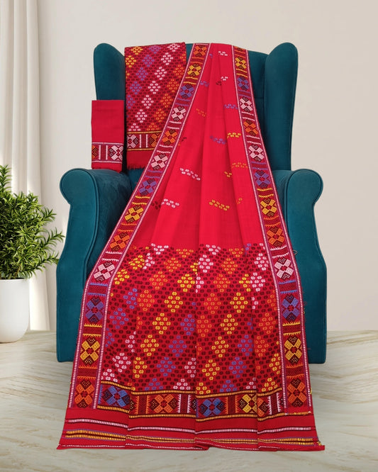 Red padmini cotton Mising mekhela sador- DMC motifs