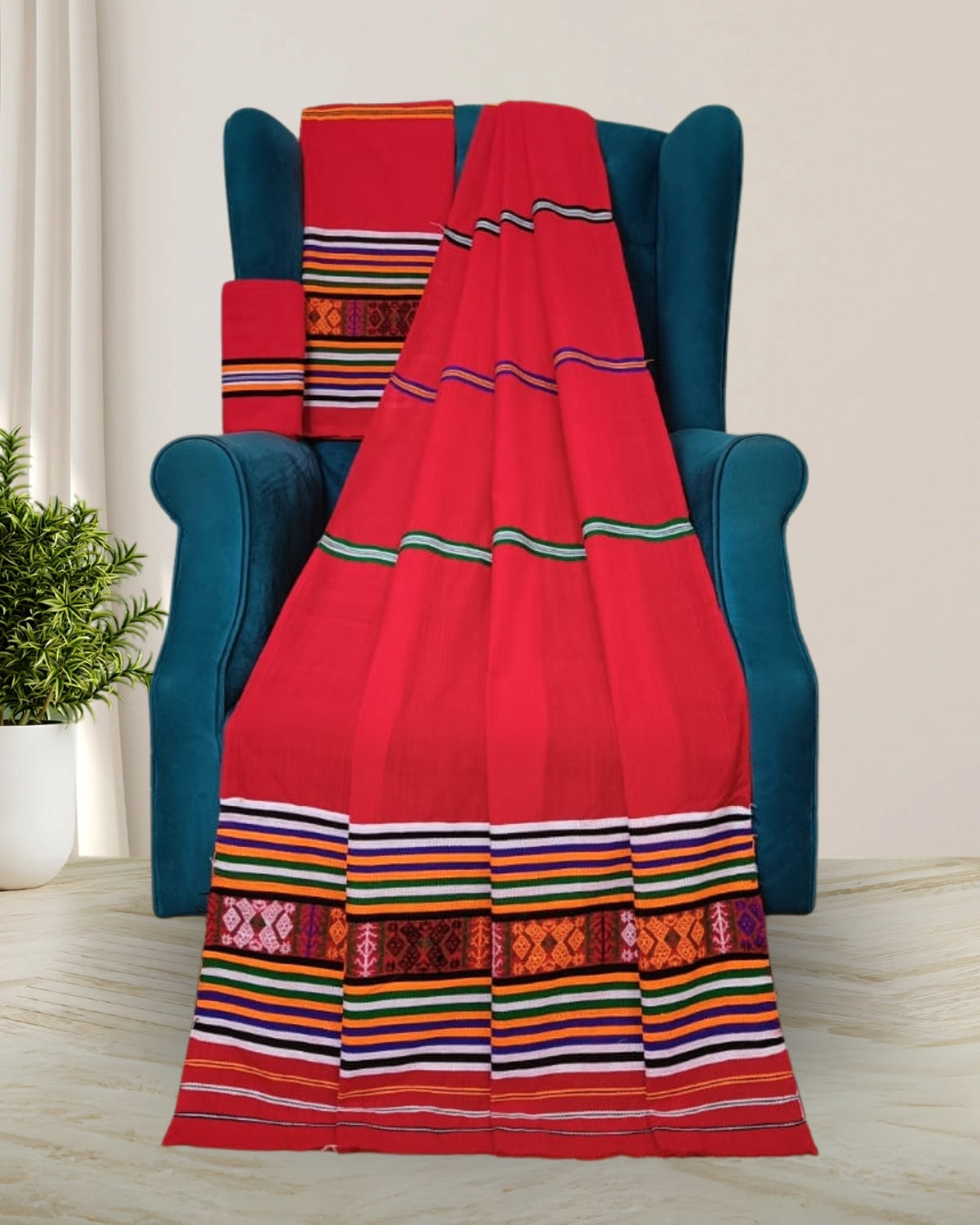 Ribi design Mising mekhela sador - Red