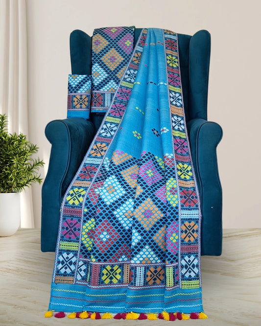 Sky blue semi nuni Mising mekhela sador - DMC motifs