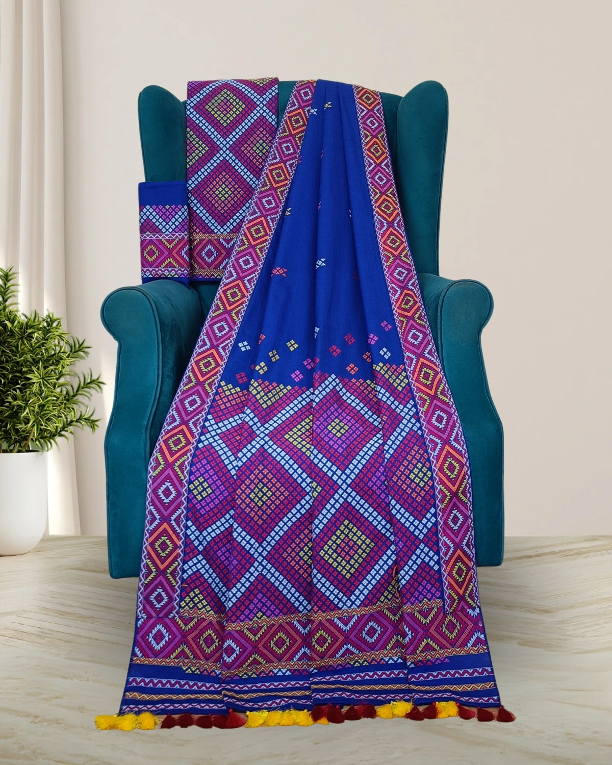 Royal blue padmini cotton Mising mekhela sador- DMC motifs